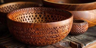 Handcrafted wooden bowls on a table photo