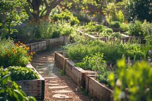 Wooden raised beds neatly arranged with rows of aromatic herbs. photo