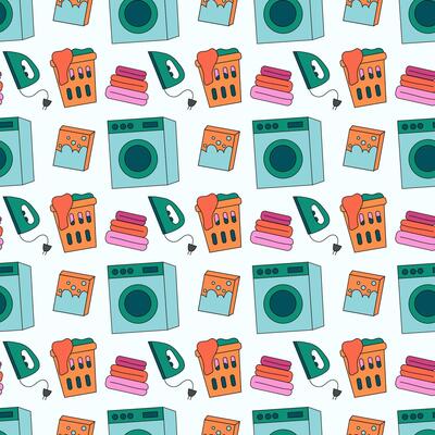 Seamless Pattern with Laundry Tools Elements. Washing machine, iron, washing powder, laundry basket, stack of clothes. Flat illustration.
