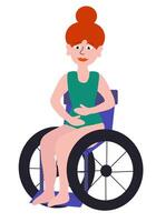 cuerpo positivo concepto. mujer con invalidez en silla de ruedas. contento pelirrojo niña en verde traje de baño. dibujos animados plano ilustración. vector