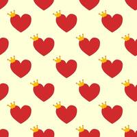 Repeated Red Hearts with crowns drawn by hand. Cute seamless pattern for girls. Sketch, doodle, scribble. Endless girlish print. Girly flat illustration. vector