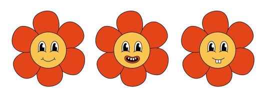 Retro 70s 60s 80s Hippie Groovy cute Red Flowers Set. Smiling face. Collection Flower power elements. illustration isolated on a white background. vector