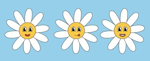 Retro 70s 60s 80s Hippie Groovy cute Daisy Flowers Set. Smiling face. Collection Chamomile Flower power elements. illustration isolated on blue background. vector