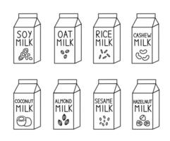 Vegan milk set. Almond, soy, rice, coconut, cashew, oat, almond, sesame, hazelnut. Box Carton packaging. Outline, doodle, line art style. Collection of flat illustration. vector