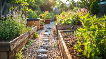 Wooden raised beds neatly arranged with rows of aromatic herbs. photo