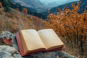 Serene mountain landscape reading spot. photo