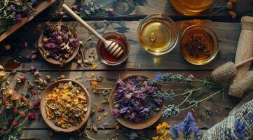 Preparation of herbs, homeopathy, dried flowers and honey. photo