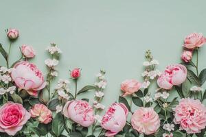 Border made of pink roses and peonies isolated on pastel green background photo