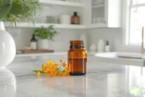 pequeño botella de homeopático remedio rodeado flores medicinal hierbas concepto, alternativa medicina foto