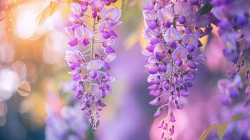 glicina sinensis. de cerca foto de japonés glicina flores florecer antecedentes. púrpura flores en el jardín.