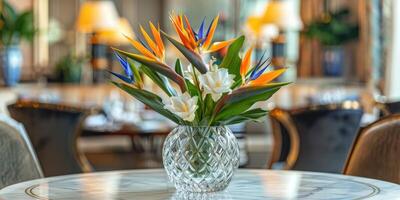 Beautiful bird of paradise flower arrangement in a crystal vase photo