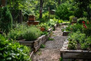 Wooden raised beds neatly arranged with rows of aromatic herbs. photo