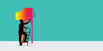 1st May Labor, Employee, Workers, Paint Painter Artist Creative Concept, 1 one painting a painter with ladder, Paint color colorful company and worker design idea concept for Happy May Day, Editable vector