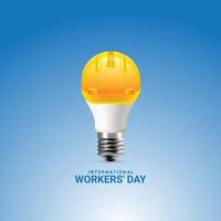 1st May Labor, Employee, Workers, Electrician, Engineers, LED Energy Bulb Light Electric Solar Energy Spark Creative Concept, Yellow safety hat with led energy bulb made a concept for Happy May Day vector