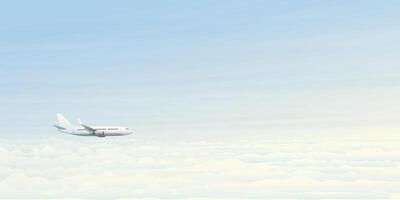 Airplane side view flying above the clouds with blue sky background illustration. vector