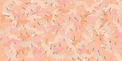 Fox pattern background monochromatic of peach tones, pink and beige with white color outline illustration. vector