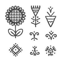 Ethnic floral symbols in grunge style isolated on white background. Tribal elements for design creation. Magic hand draw symbols as scripted talismans. vector