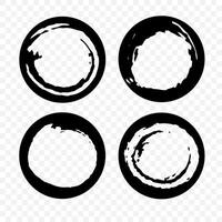 Set of circles grunge black borders isolated on white background. A group of labels with uneven rough edges drawn with an ink brush. Design elements, 4 circle frames. Grunge borders vector