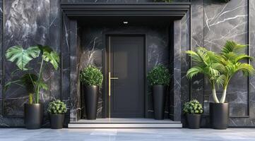 negro frente puerta con plantas, fachada de un moderno edificio con moderno puerta. foto