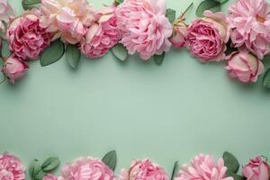 Border made of pink roses and peonies isolated on pastel green background photo