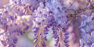 Wisteria sinensis. Closeup photo of Japanese Wisteria flowers. Blossom background. Purple flowers in the garden.