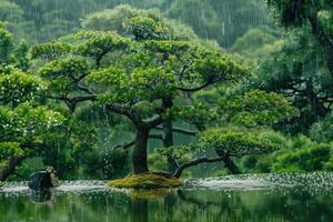 japonés jardín pino arboles en primavera lluvia. foto