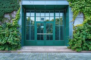 Green front door with plants, facade of a modern building with modern door. photo