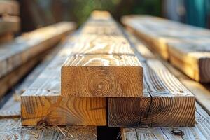 Piles of wooden boards in the sawmill photo