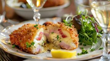 Breaded cutlet stuffed with ham and cheese, sliced in half to reveal the melty interior, on a fine porcelain plate. photo