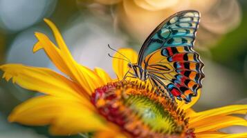 un vibrante mariposa delicadamente encaramado en el pétalos de un floreciente girasol. foto