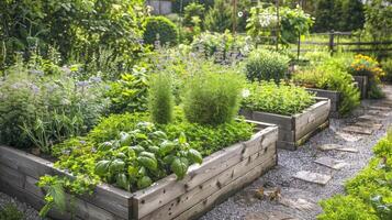 Wooden raised beds neatly arranged with rows of aromatic herbs. photo