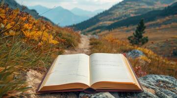 Serene mountain landscape reading spot. photo