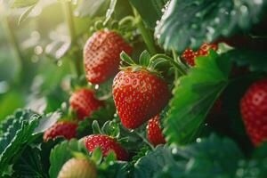 Close-up of strawberries growing on field photo