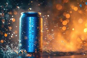 Blue can of fresh soda with water drops photo