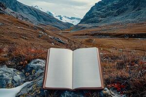 Serene mountain landscape reading spot. photo