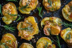 Crushed, smashed potatoes baked with rosemary and thyme. Black background. Top view. photo