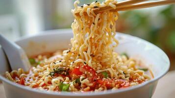 Cooked instant noodles sprinkled with spices, vegetables, herbs. photo