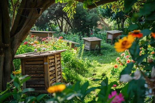 An apiary nestled in a lush garden, beehives arranged neatly among colorful flowers photo