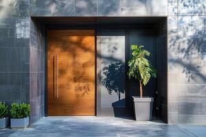 Brown Front door with plants, Facade of a modern building with modern door. photo