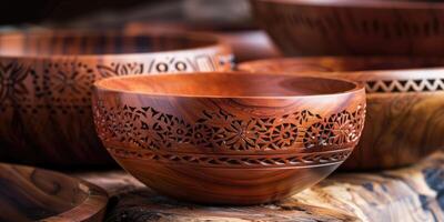 Handcrafted wooden bowls on a table photo