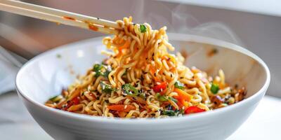 Cooked instant noodles sprinkled with spices, vegetables, herbs. photo