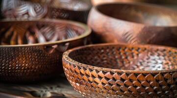 Handcrafted wooden bowls on a table photo