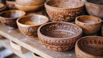 Handcrafted wooden bowls on a table photo
