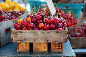 Organic cherries on the market. photo