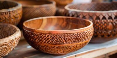 Handcrafted wooden bowls on a table photo