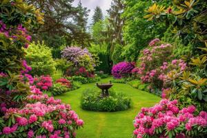 hermosa jardín con rosado rododendros. foto