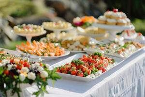 abastecimiento buffet comida interior en lujo restaurante con carne vistoso frutas y vegetales. foto