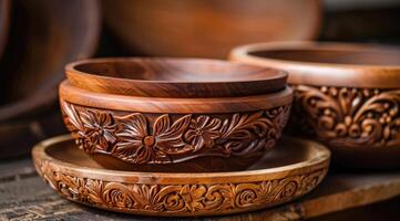 Handcrafted wooden bowls on a table photo