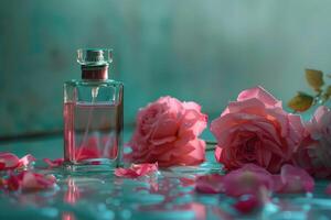 Top view of bottle with perfume on beautiful flowers photo