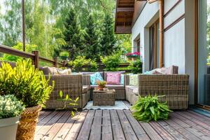 Beautiful of modern terrace with deck flooring and fence, green potted flowers plants and outdoors furniture. photo